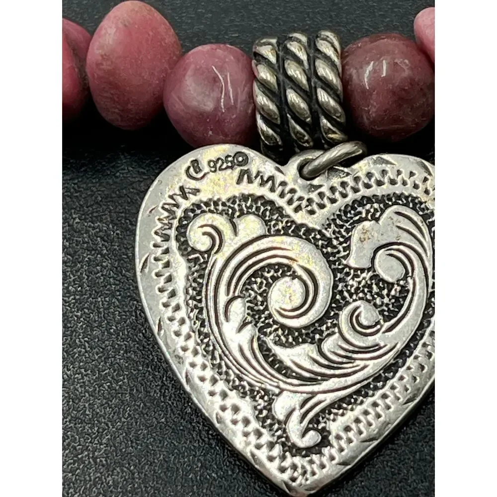 Relios Carolyn Pollack Sterling Heart Charm Rhodonite Pink Bead Stretch Bracelet